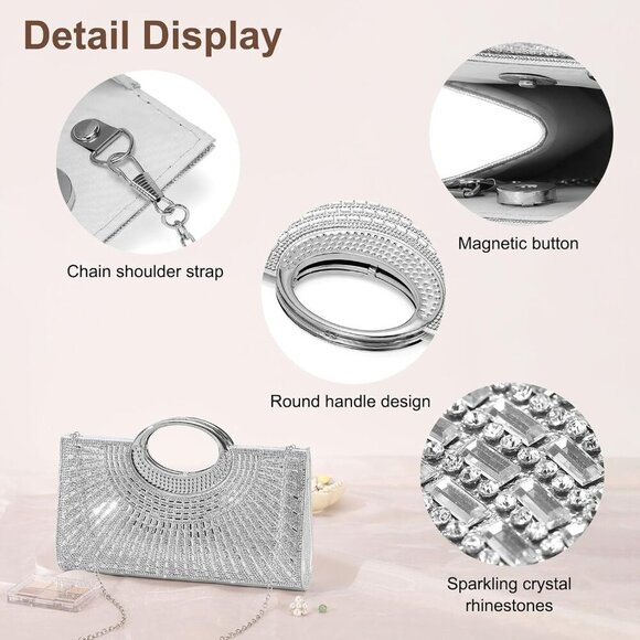🆕Women Silver Rhinestone Clutch Evening Bag Shoulder Purse with Chain Polyester - Picture 3 of 7